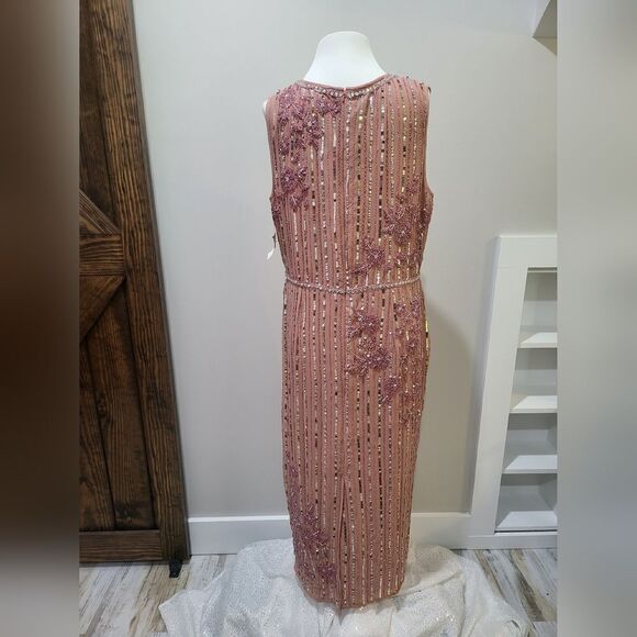 Mac Duggal STRIPED FLORAL EMBELLISHED MIDI DRESS NWOT size 14 Rose Pink (70260) - Picture 5 of 6